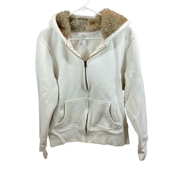 Old Navy Tops - Ladies Old Navy Cream Full Zip Hoodie with Faux Fur Hood Size XXL